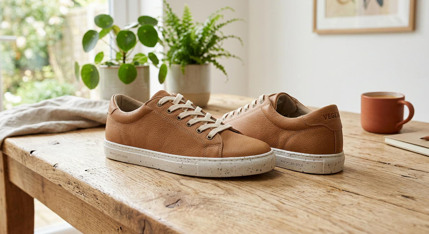 Chaussures éco-responsables en cuir végétal posées sur une table en bois clair